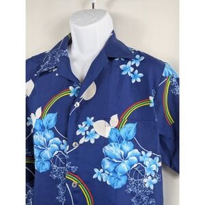 Vtg Hukilau Fashions Hawaiian Shirt 502 Mens M Floral Blue Rainbow Honolulu A064